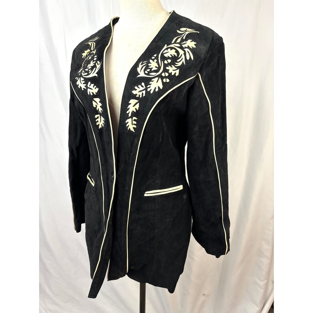 Handmade Suede Jacket Black Western Applique Tailored Vintage OOAK - Picture 11 of 16